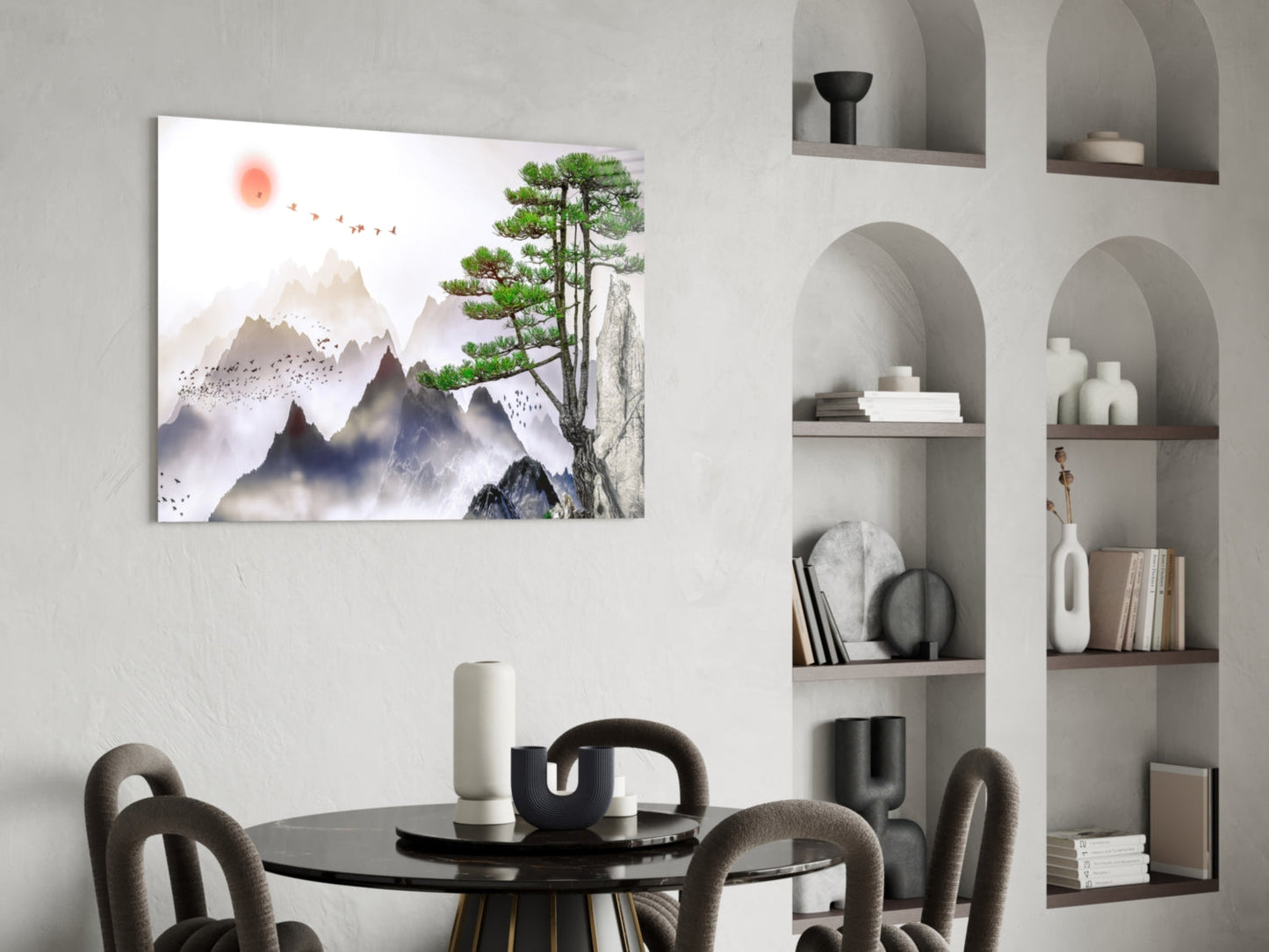 Mountain Pine Sumi‑e – Mist & Sun Japandi Glass Wall Art