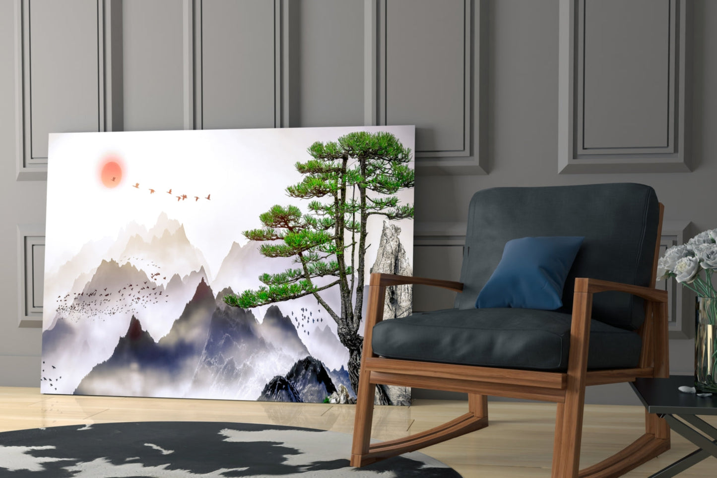 Mountain Pine Sumi‑e – Mist & Sun Japandi Glass Wall Art