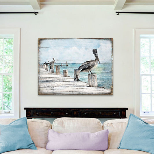 Pelicans at the Pier – Coastal Wooden Wall Art