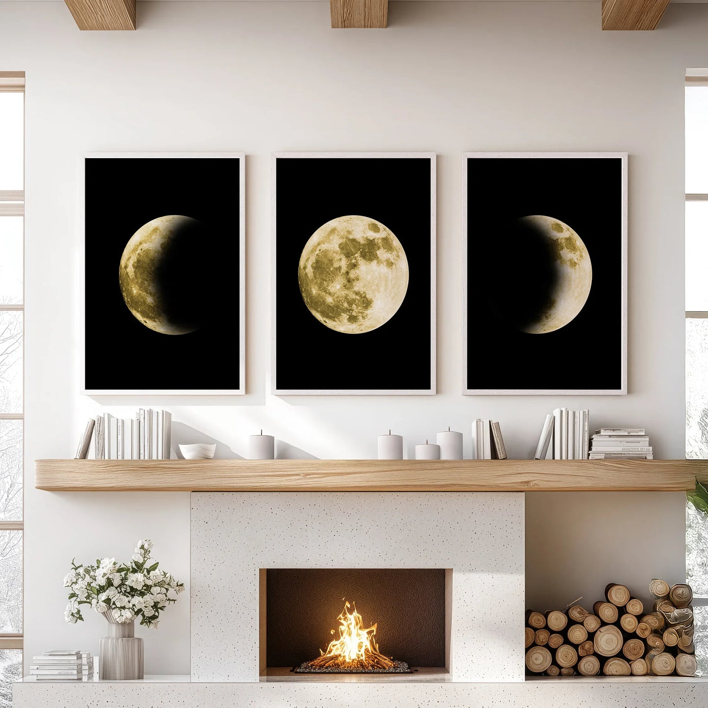 Celestial Moon Wall Art Set – 3 Piece (Gold Full Moon & Phases)