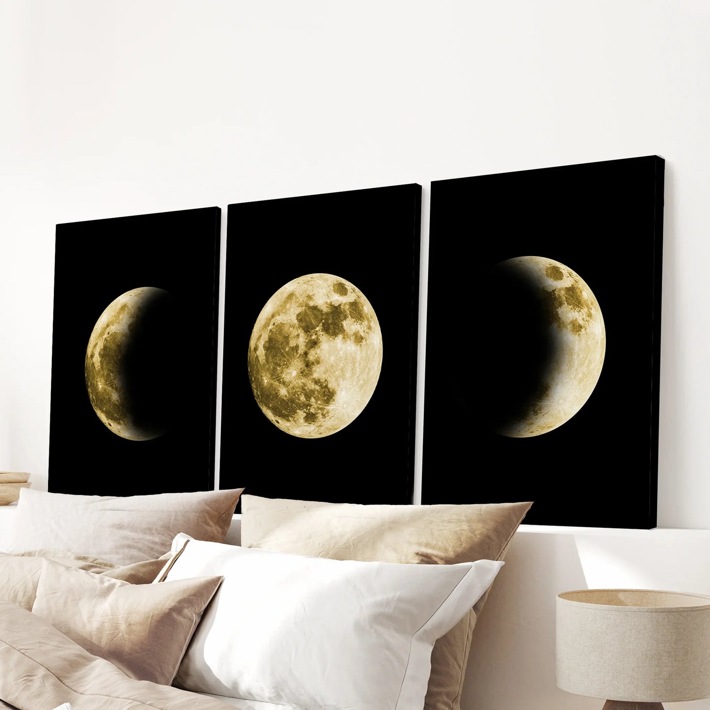 Celestial Moon Wall Art Set – 3 Piece (Gold Full Moon & Phases)