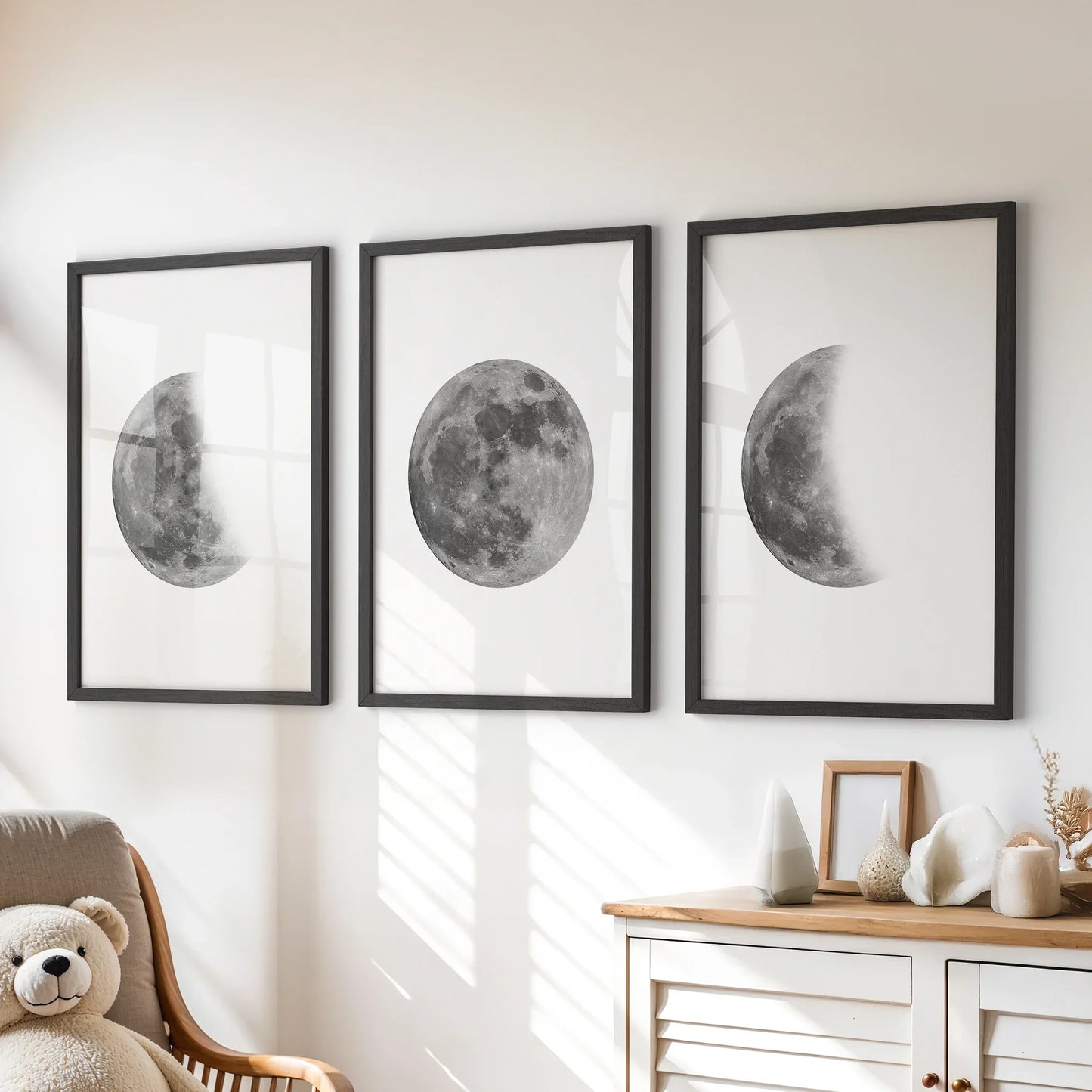 Moon Phases Set of 3 Prints – Black & White Lunar Cycle Wall Art