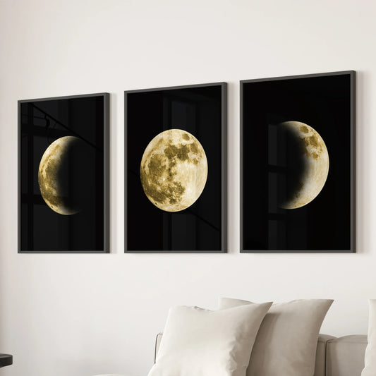 Celestial Moon Wall Art Set – 3 Piece (Gold Full Moon & Phases)