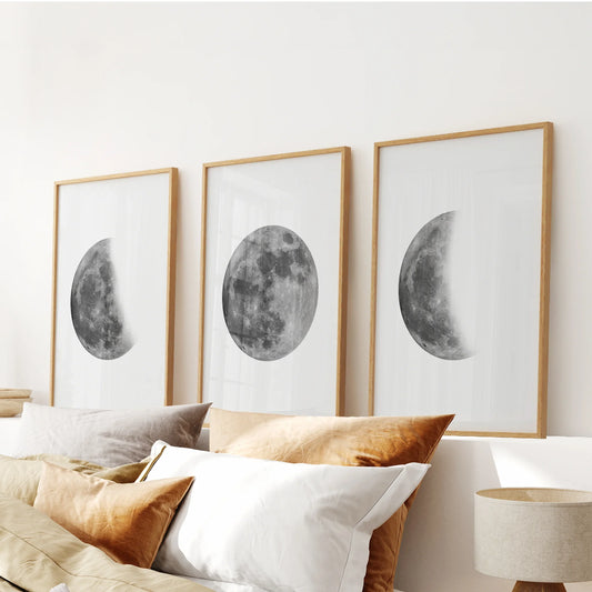 Moon Phases Set of 3 Prints – Black & White Lunar Cycle Wall Art