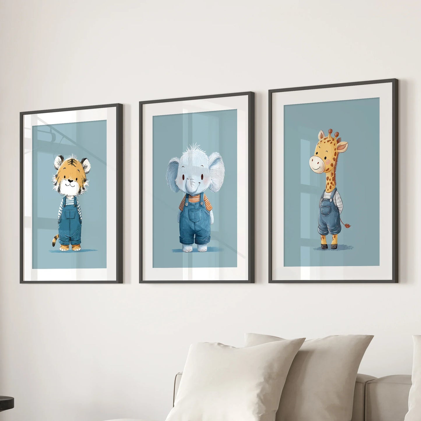 Safari Friends Trio – Blue Baby Animal Nursery Wall Art (Set of 3)