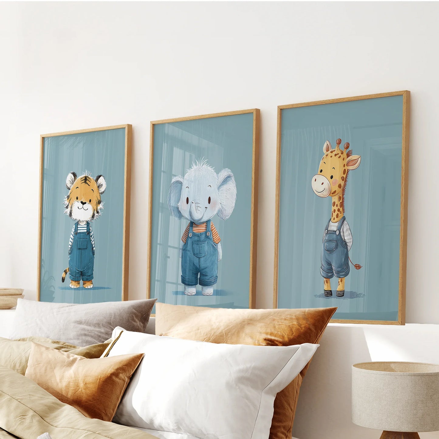 Safari Friends Trio – Blue Baby Animal Nursery Wall Art (Set of 3)