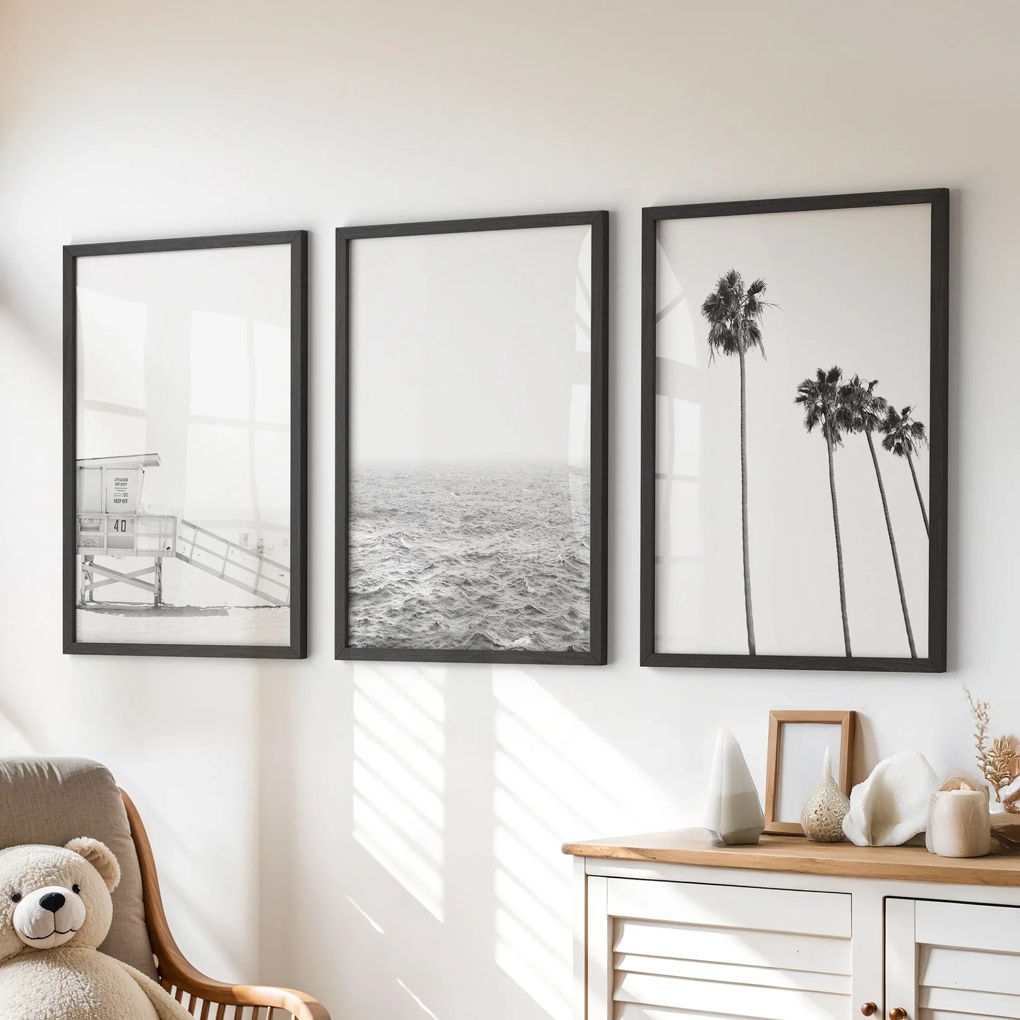 Black White Coastal Wall Art Set: Palms, Ocean, Lifeguard – Minimal Coastal Wall Art