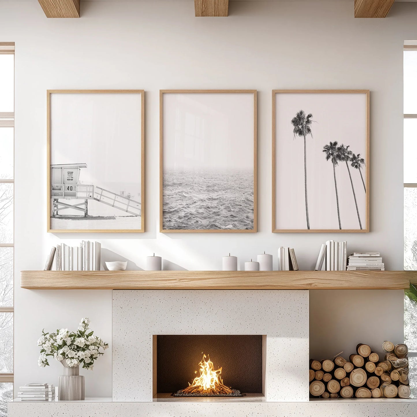 Black White Coastal Wall Art Set: Palms, Ocean, Lifeguard – Minimal Coastal Wall Art