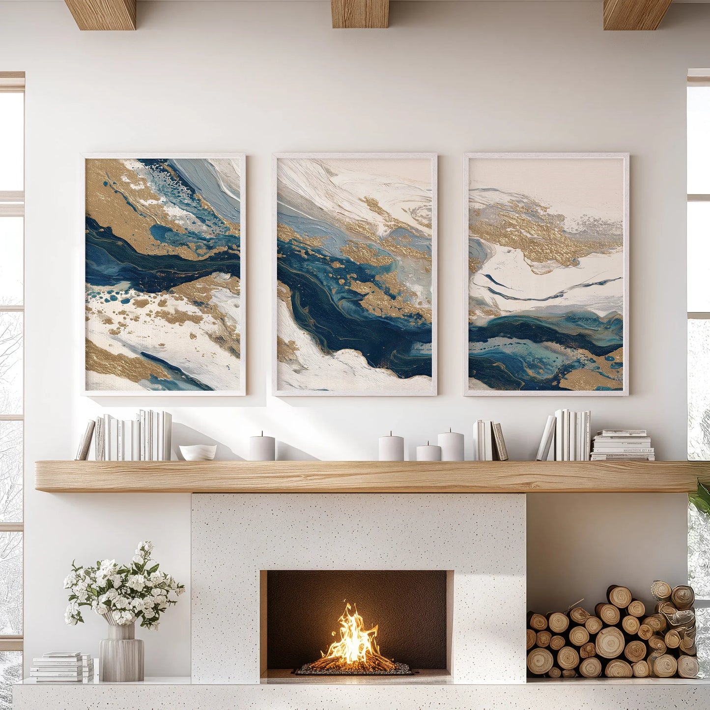 Gilded Tides – Blue & Gold Abstract Canvas Set (3 Piece)