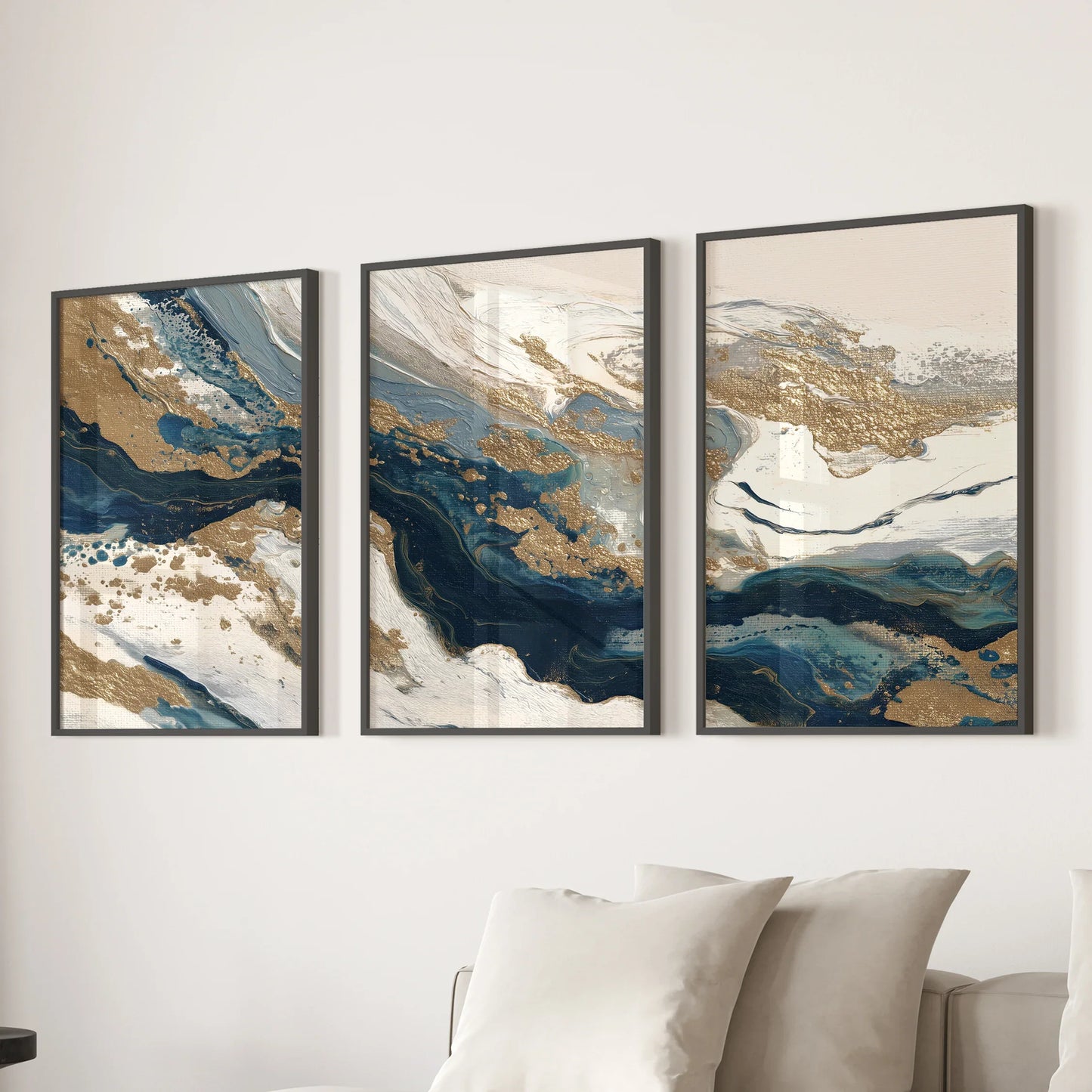 Gilded Tides – Blue & Gold Abstract Canvas Set (3 Piece)