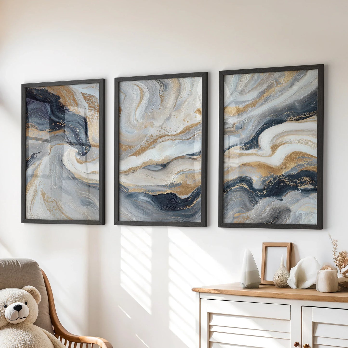 3 Piece Modern Abstract Marble Wall Art – Navy Blue & Gold