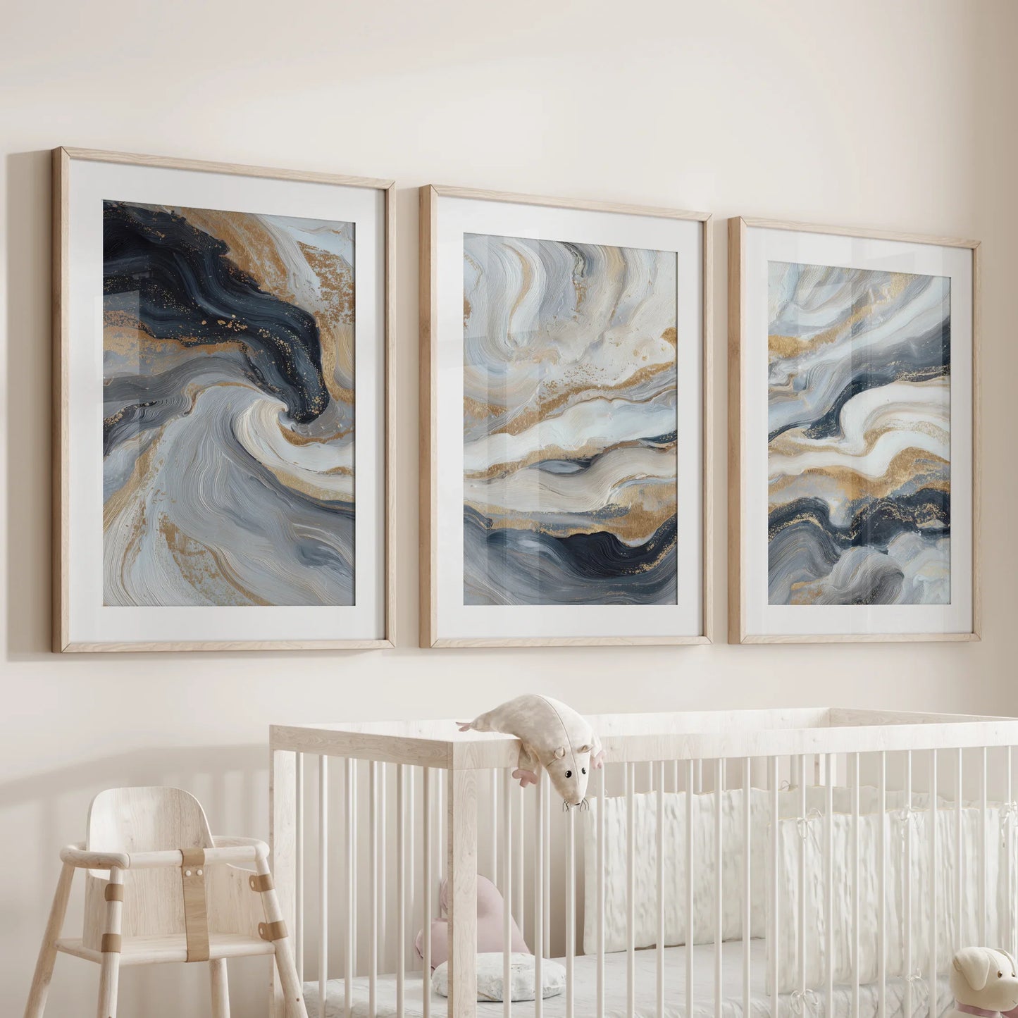 3 Piece Modern Abstract Marble Wall Art – Navy Blue & Gold