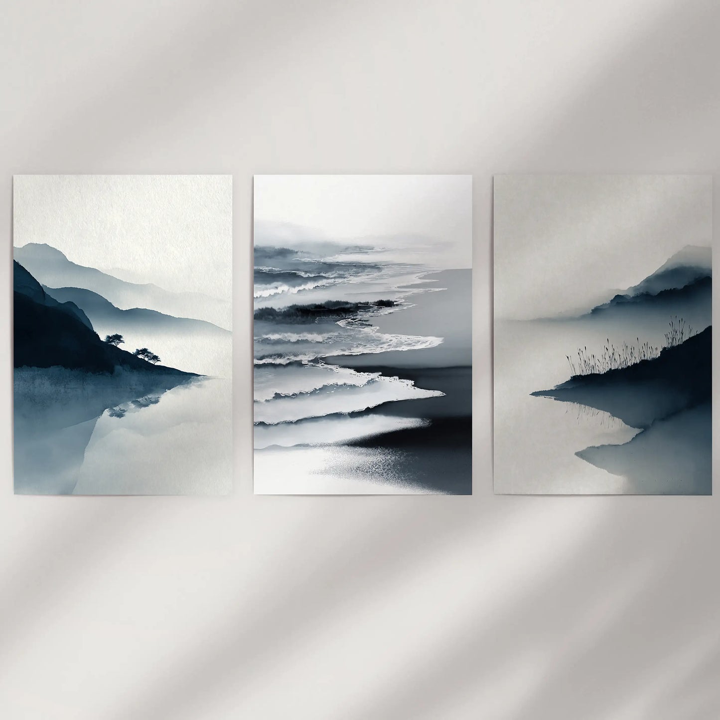 Minimalist Mountain Lake Set of 3 – Modern Landscape Wall Art