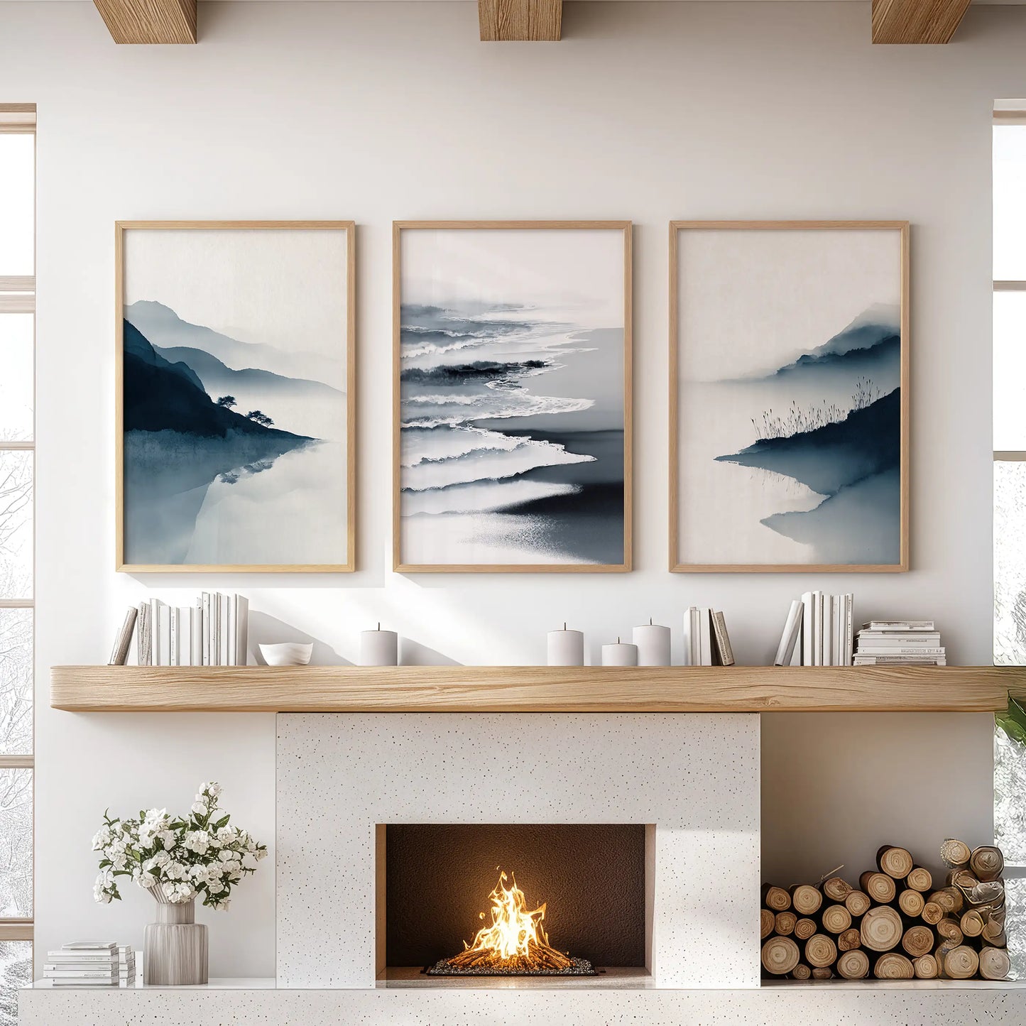 Minimalist Mountain Lake Set of 3 – Modern Landscape Wall Art