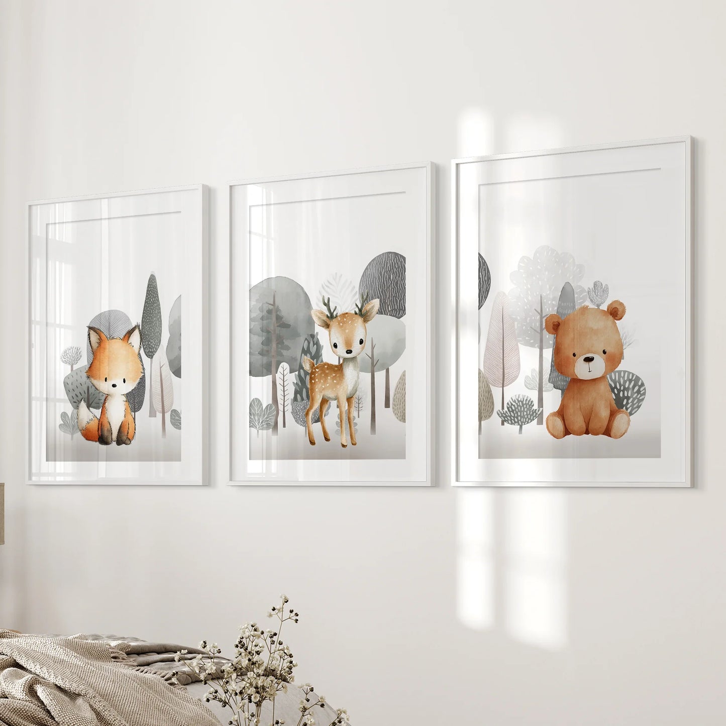 Forest Animal Nursery Decor – Cute Fox, Fawn & Bear Wall Art