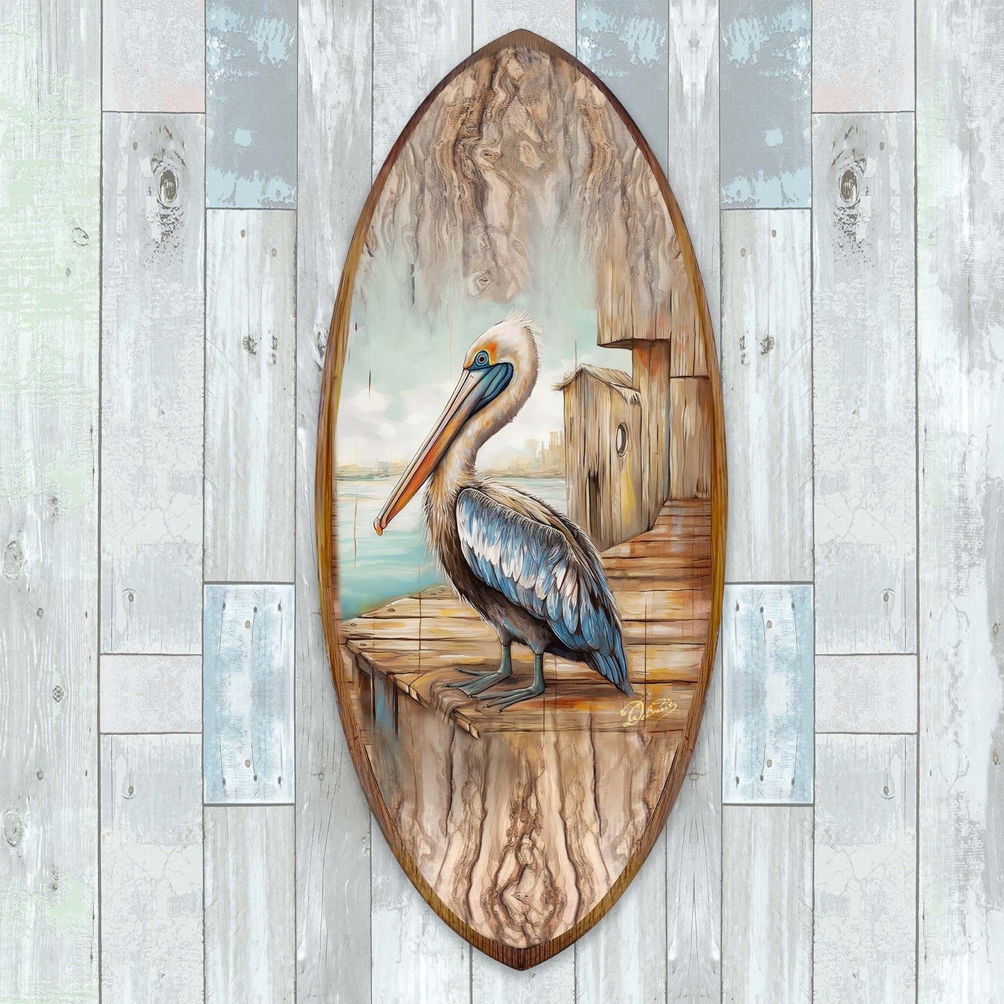Pelican Surfboard – Handcrafted Wooden Coastal Wall Art