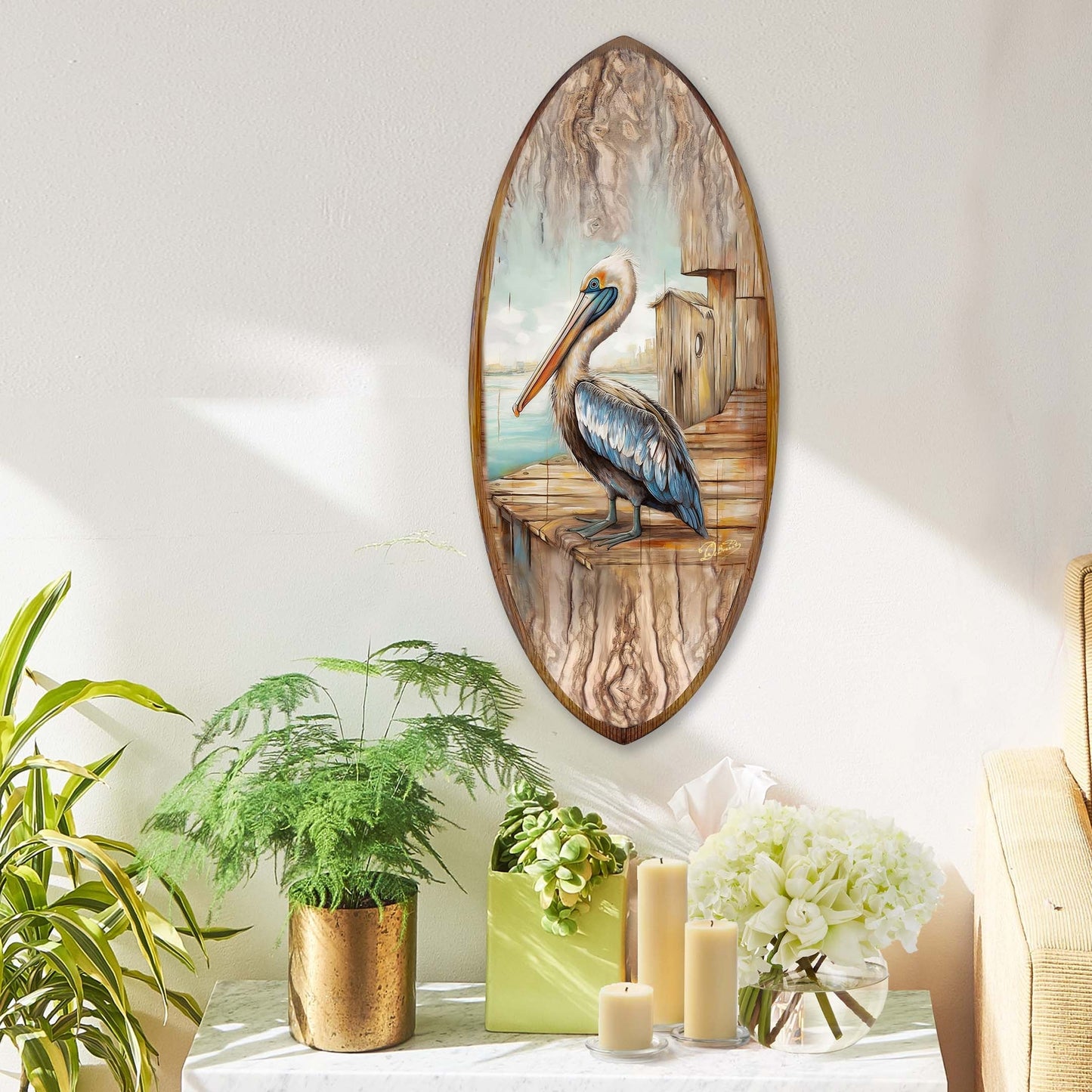 Pelican Surfboard – Handcrafted Wooden Coastal Wall Art