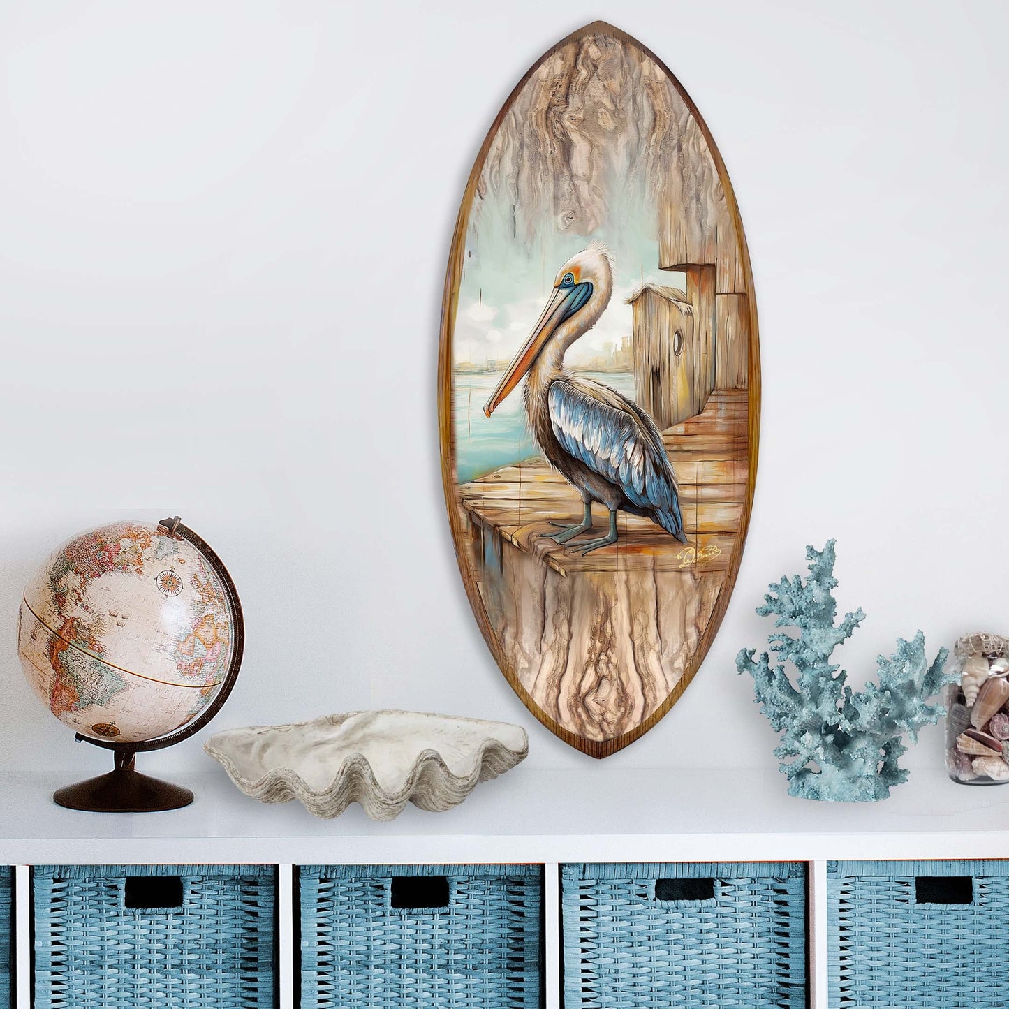 Pelican Surfboard – Handcrafted Wooden Coastal Wall Art