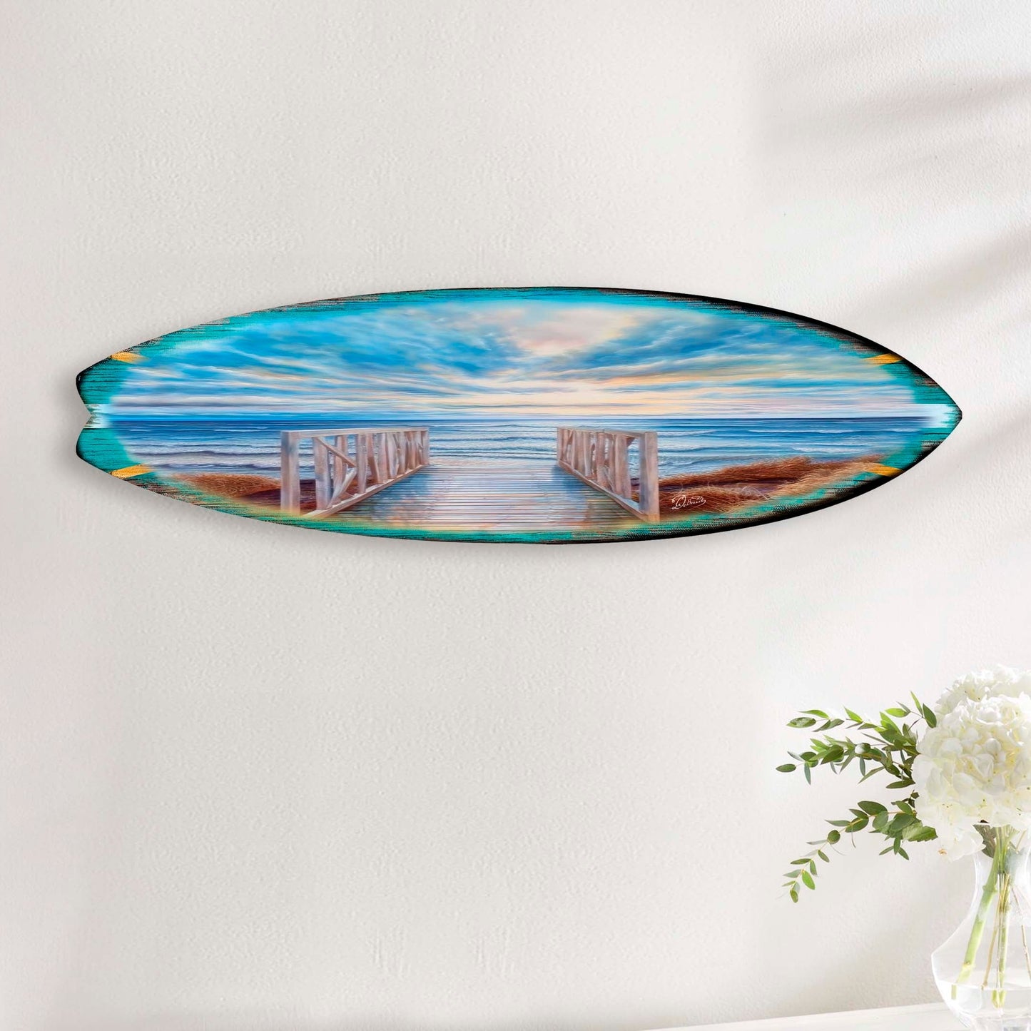Wooden Pier Surfboard – Handcrafted Coastal Wall Art