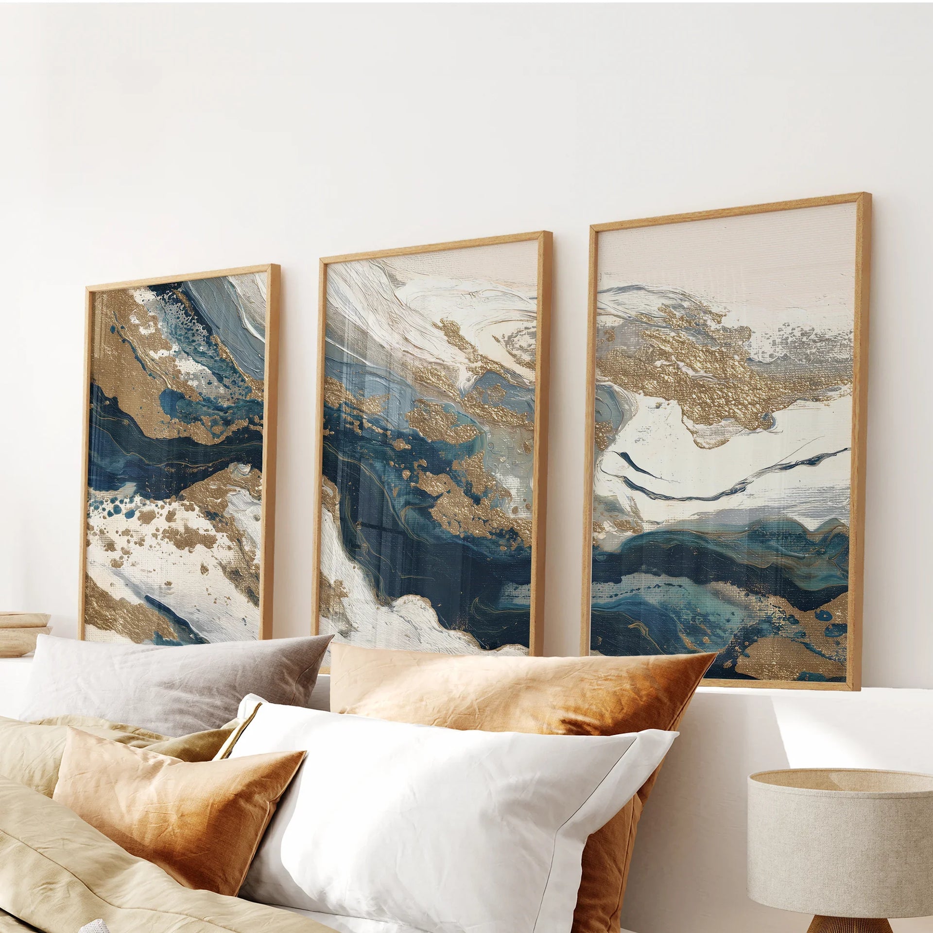 Gilded Tides – Blue & Gold Abstract Canvas Set (3 Piece) – The