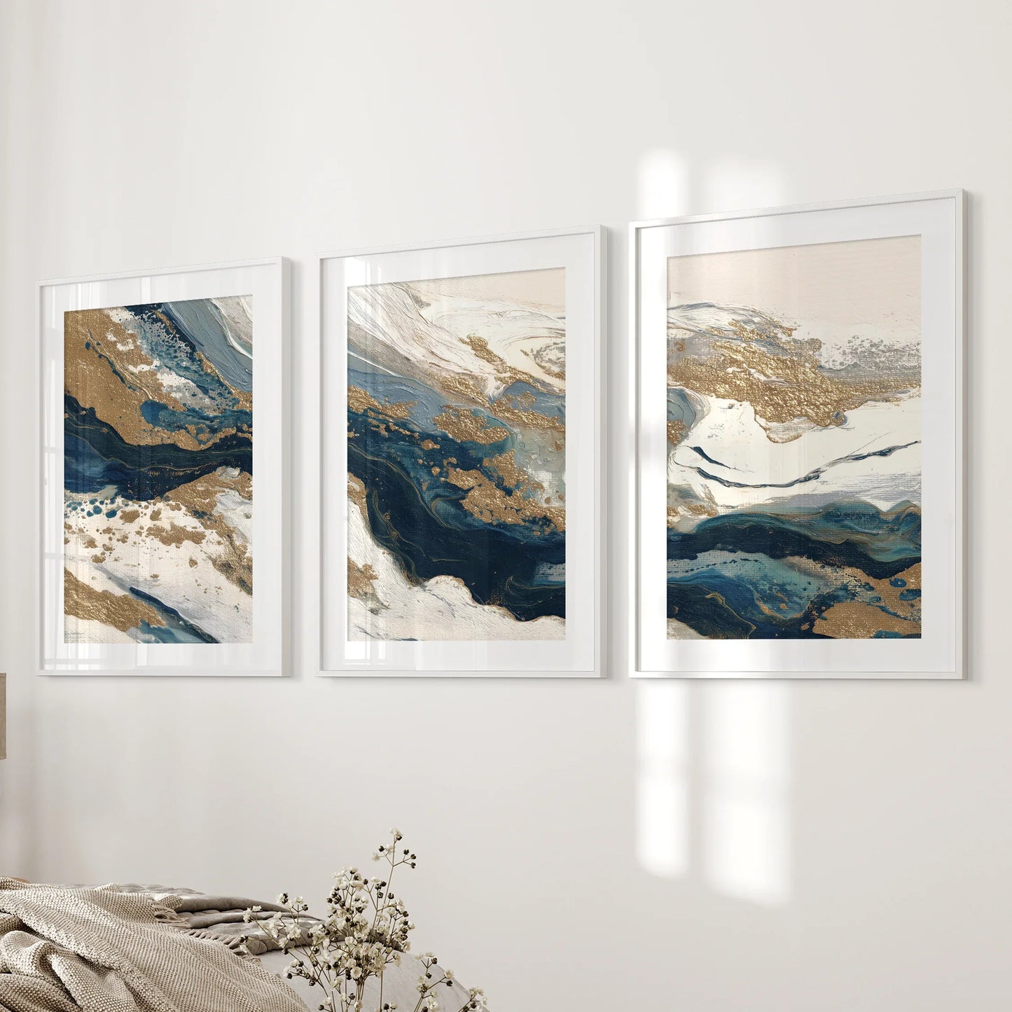 Gilded Tides – Blue & Gold Abstract Canvas Set (3 Piece)
