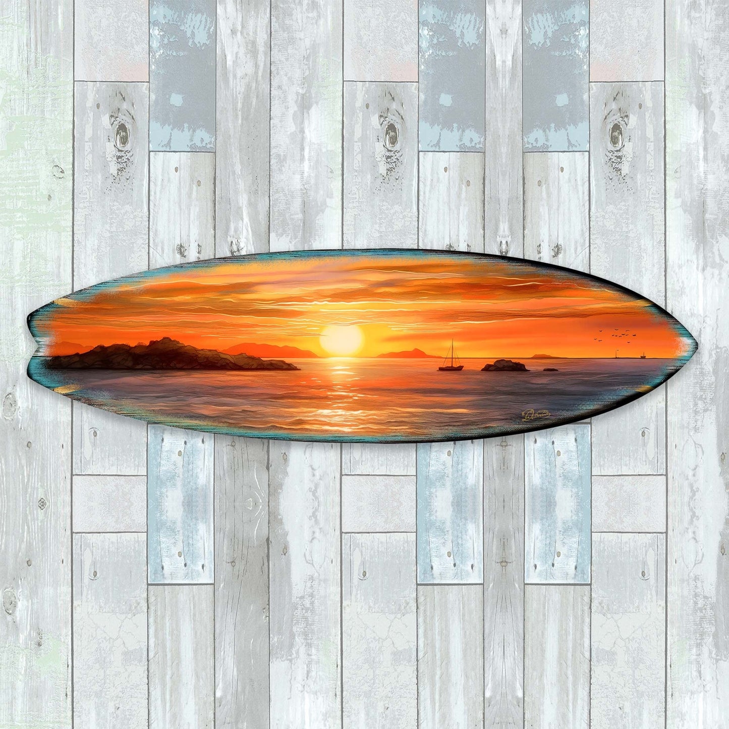 Sunset Voyage – Coastal Surfboard Wooden Wall Art