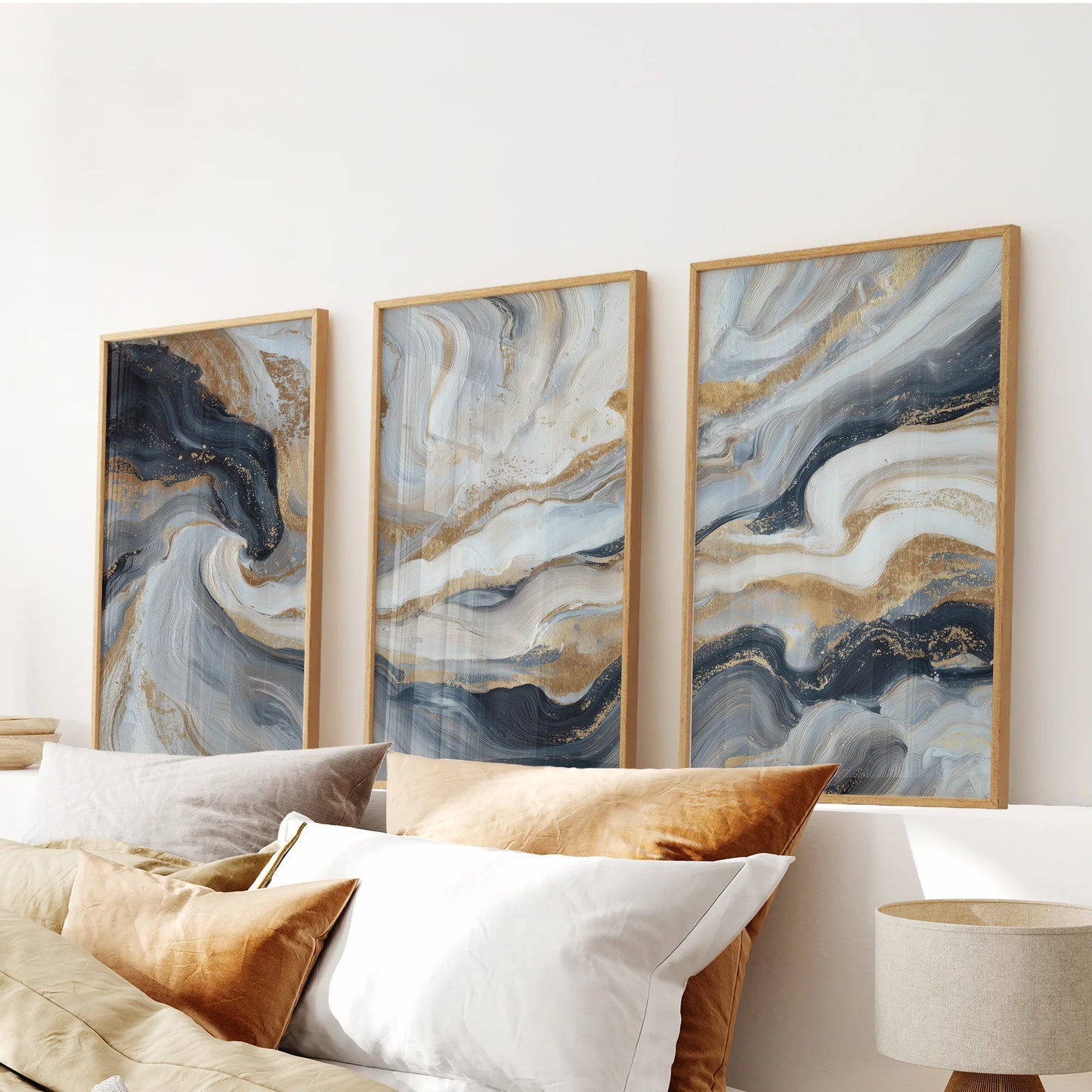 3 Piece Modern Abstract Marble Wall Art – Navy Blue & Gold