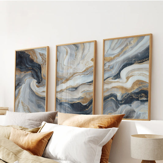 3 Piece Modern Abstract Marble Wall Art – Navy Blue & Gold