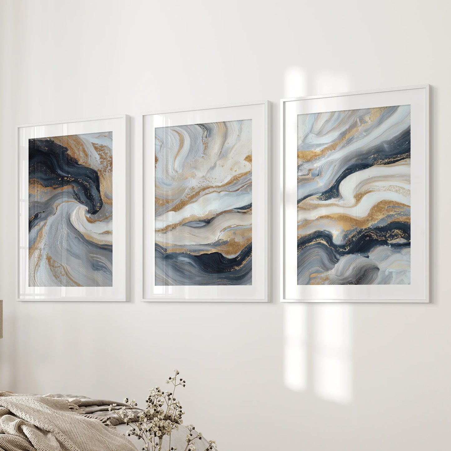3 Piece Modern Abstract Marble Wall Art – Navy Blue & Gold