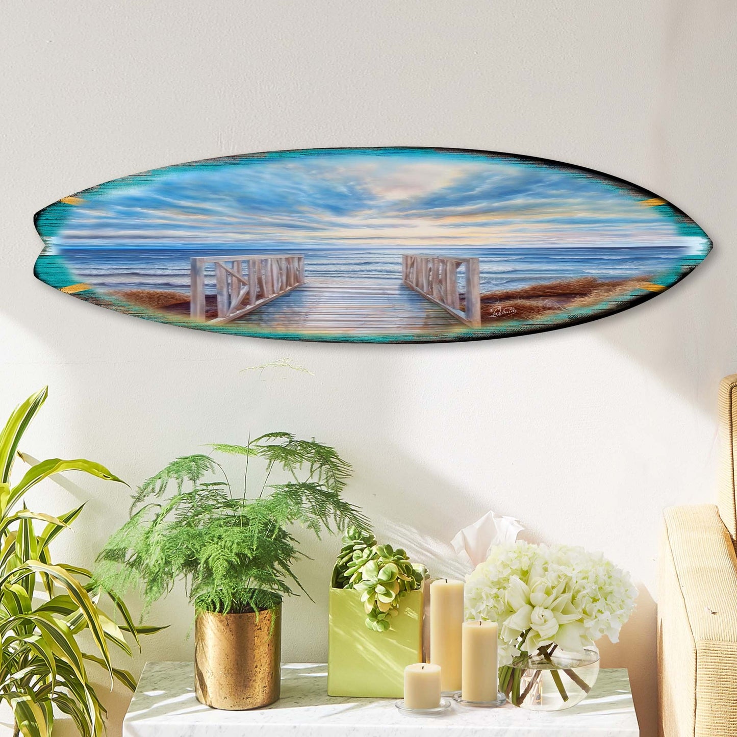 Wooden Pier Surfboard – Handcrafted Coastal Wall Art