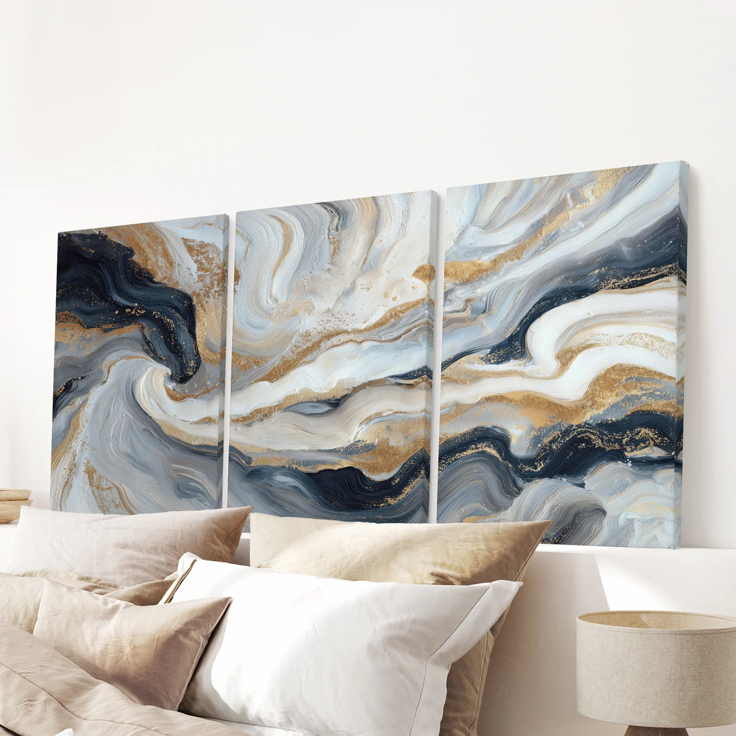 3 Piece Modern Abstract Marble Wall Art – Navy Blue & Gold