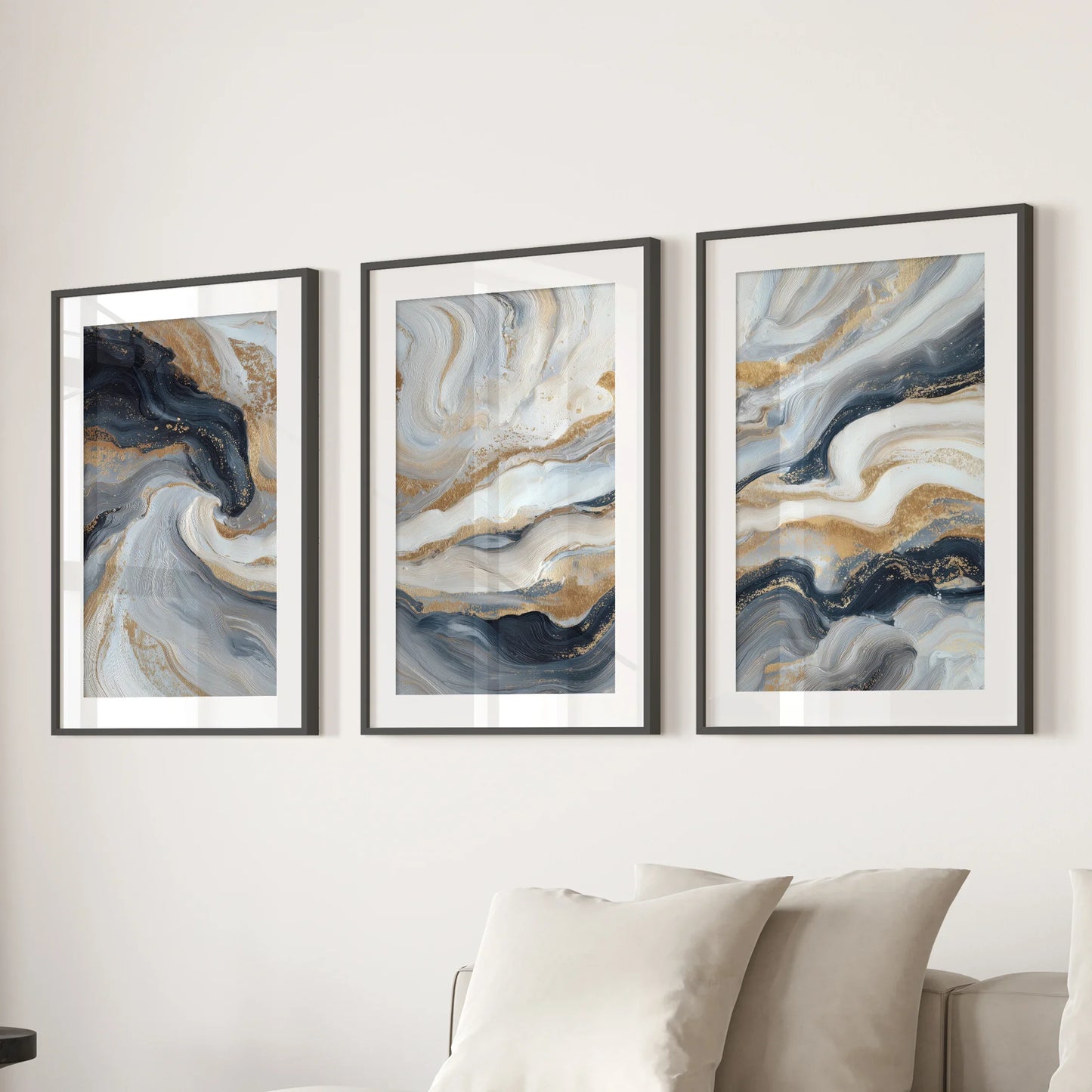 3 Piece Modern Abstract Marble Wall Art – Navy Blue & Gold