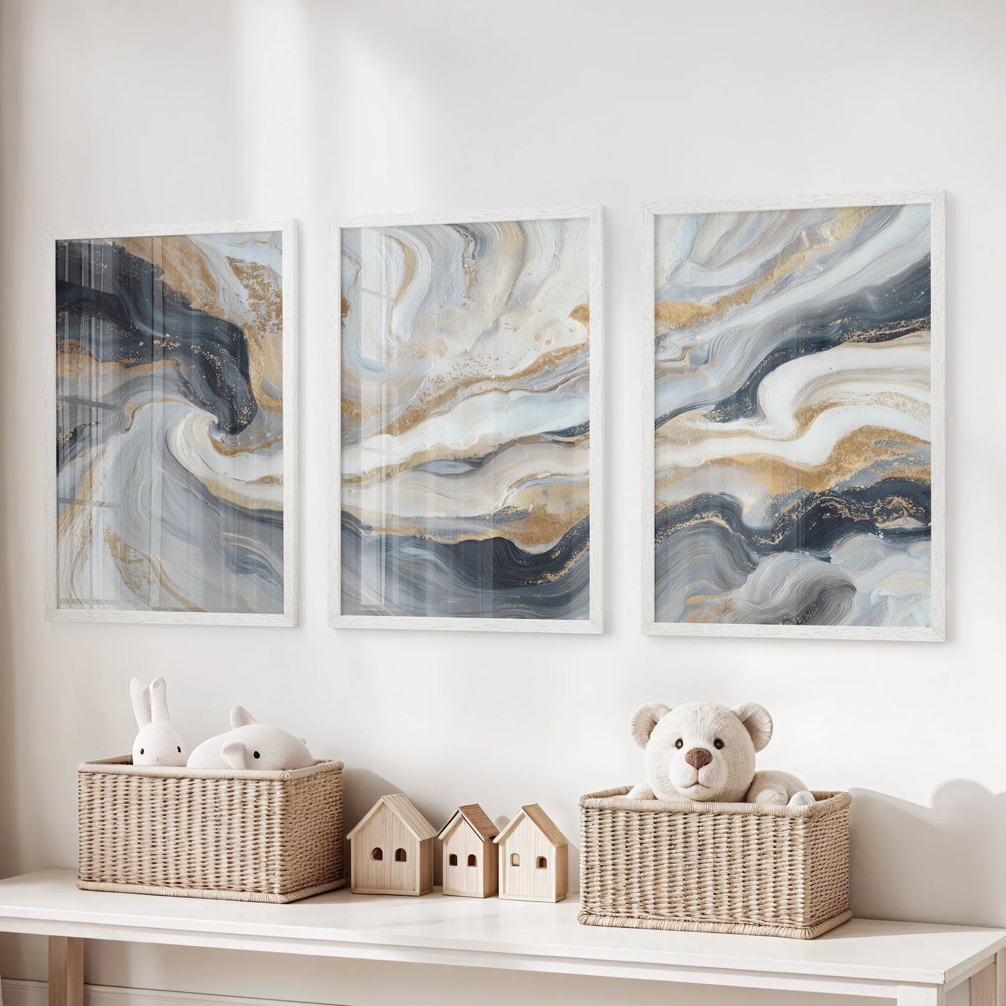 3 Piece Modern Abstract Marble Wall Art – Navy Blue & Gold