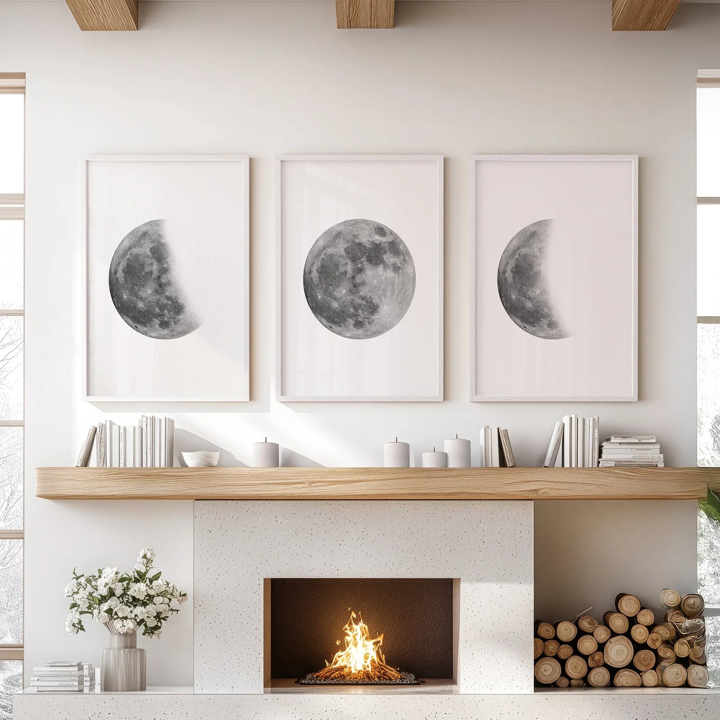 Moon Phases Set of 3 Prints – Black & White Lunar Cycle Wall Art