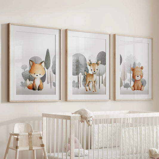 Forest Animal Nursery Decor – Cute Fox, Fawn & Bear Wall Art