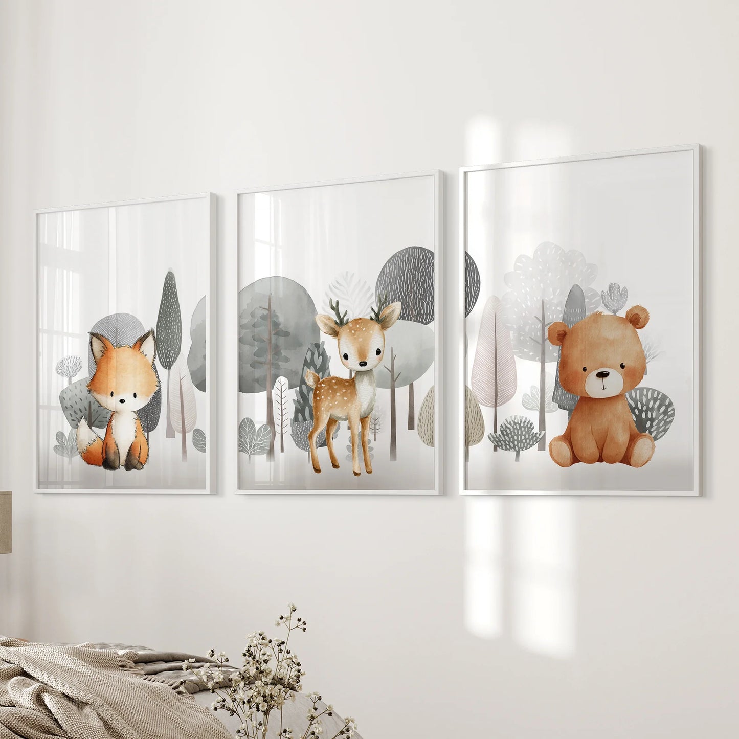 Forest Animal Nursery Decor – Cute Fox, Fawn & Bear Wall Art