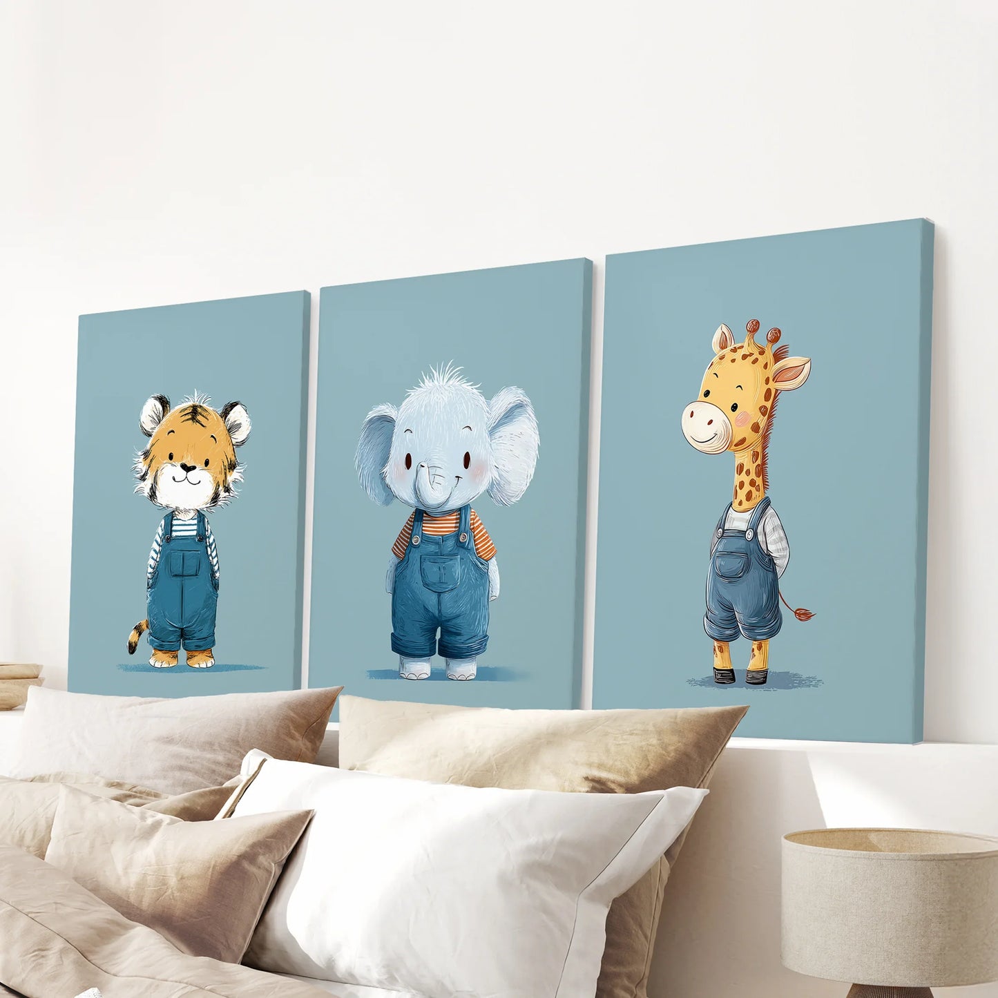 Safari Friends Trio – Blue Baby Animal Nursery Wall Art (Set of 3)