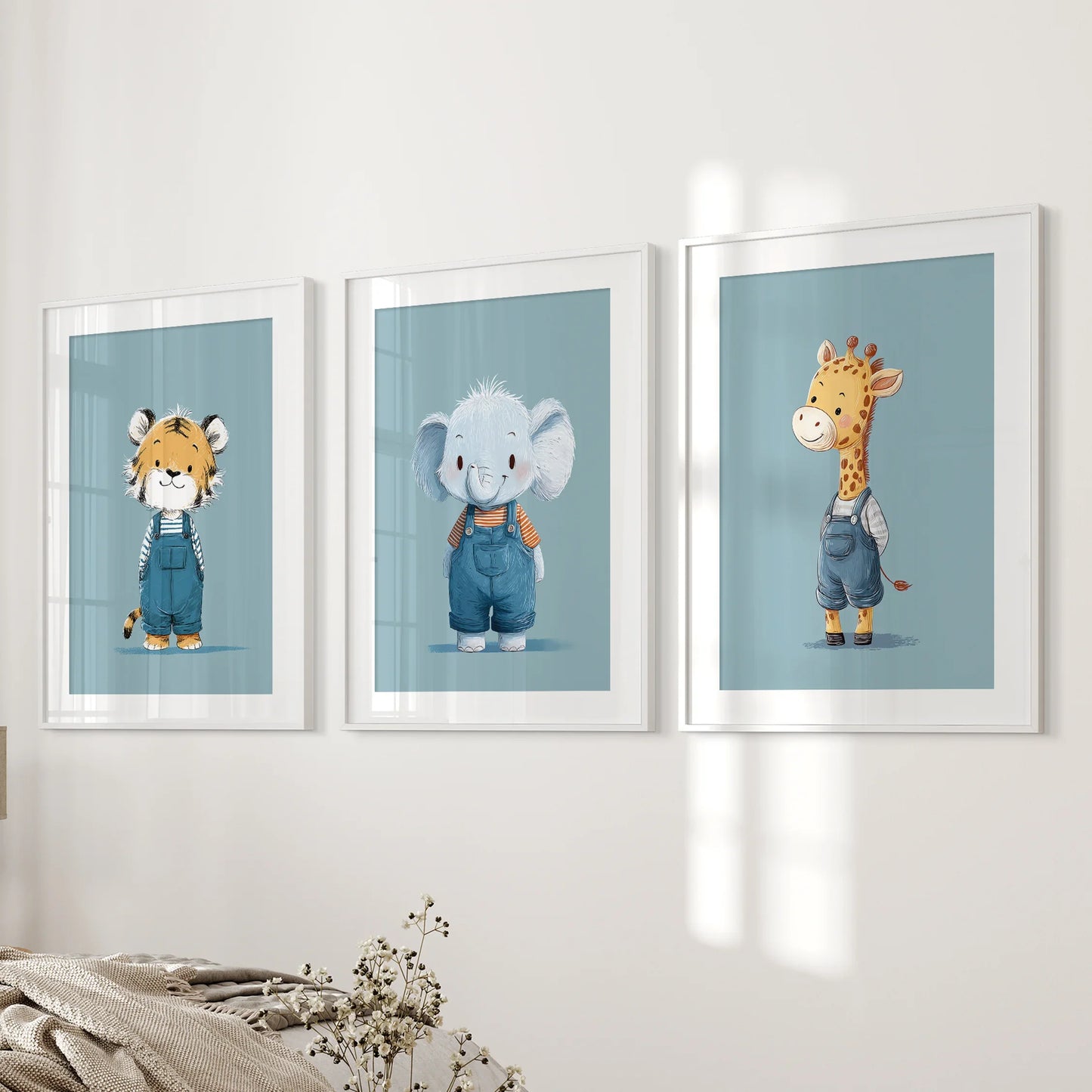 Safari Friends Trio – Blue Baby Animal Nursery Wall Art (Set of 3)