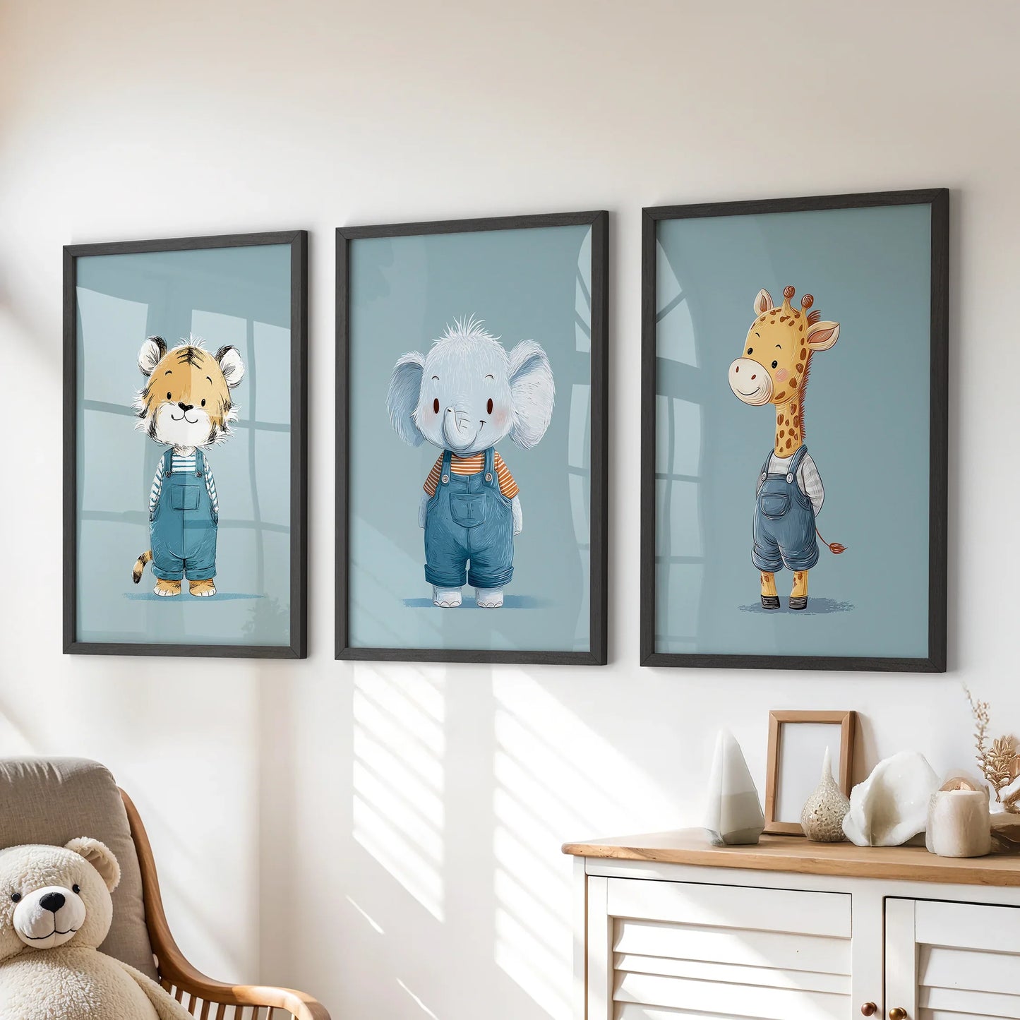 Safari Friends Trio – Blue Baby Animal Nursery Wall Art (Set of 3)