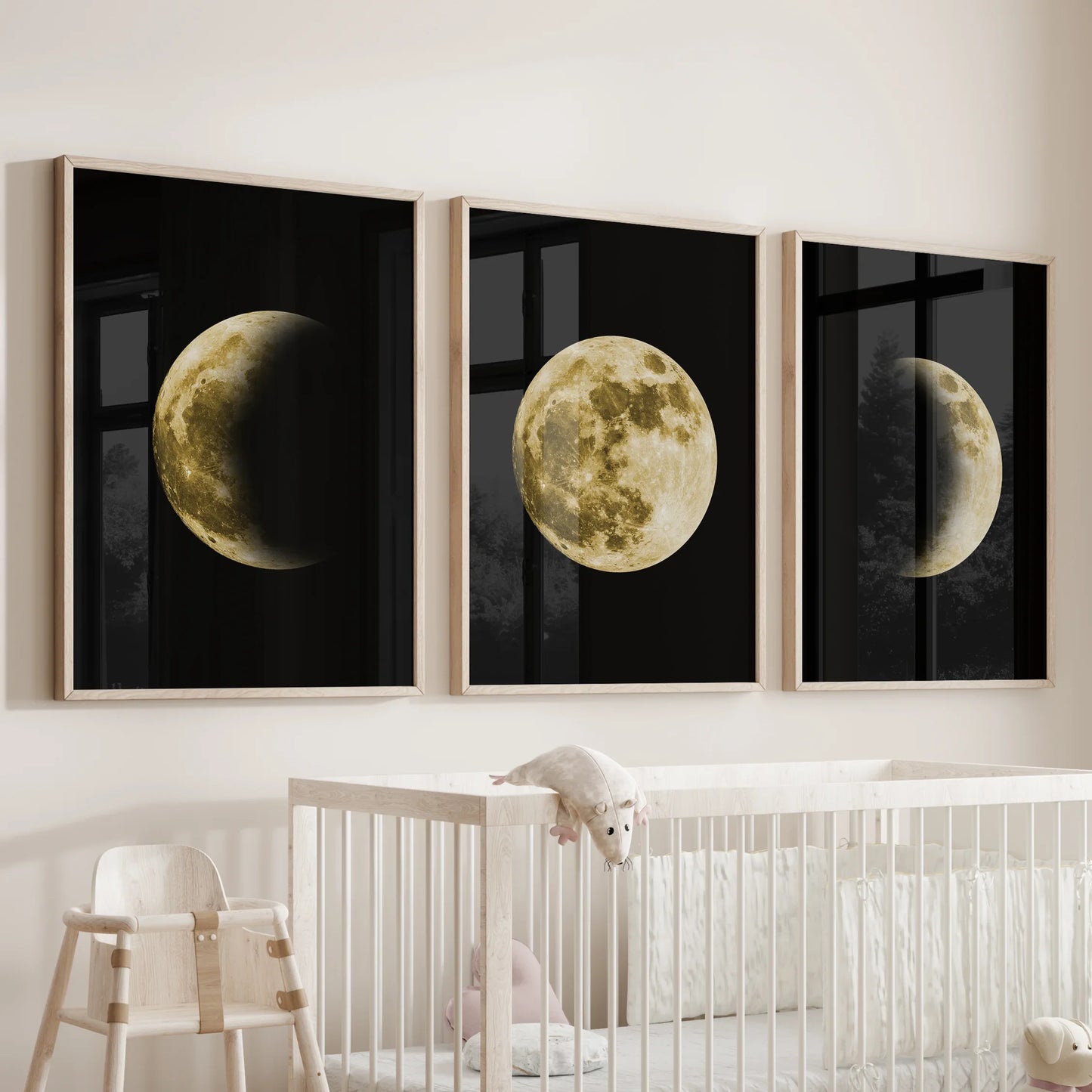 Celestial Moon Wall Art Set – 3 Piece (Gold Full Moon & Phases)