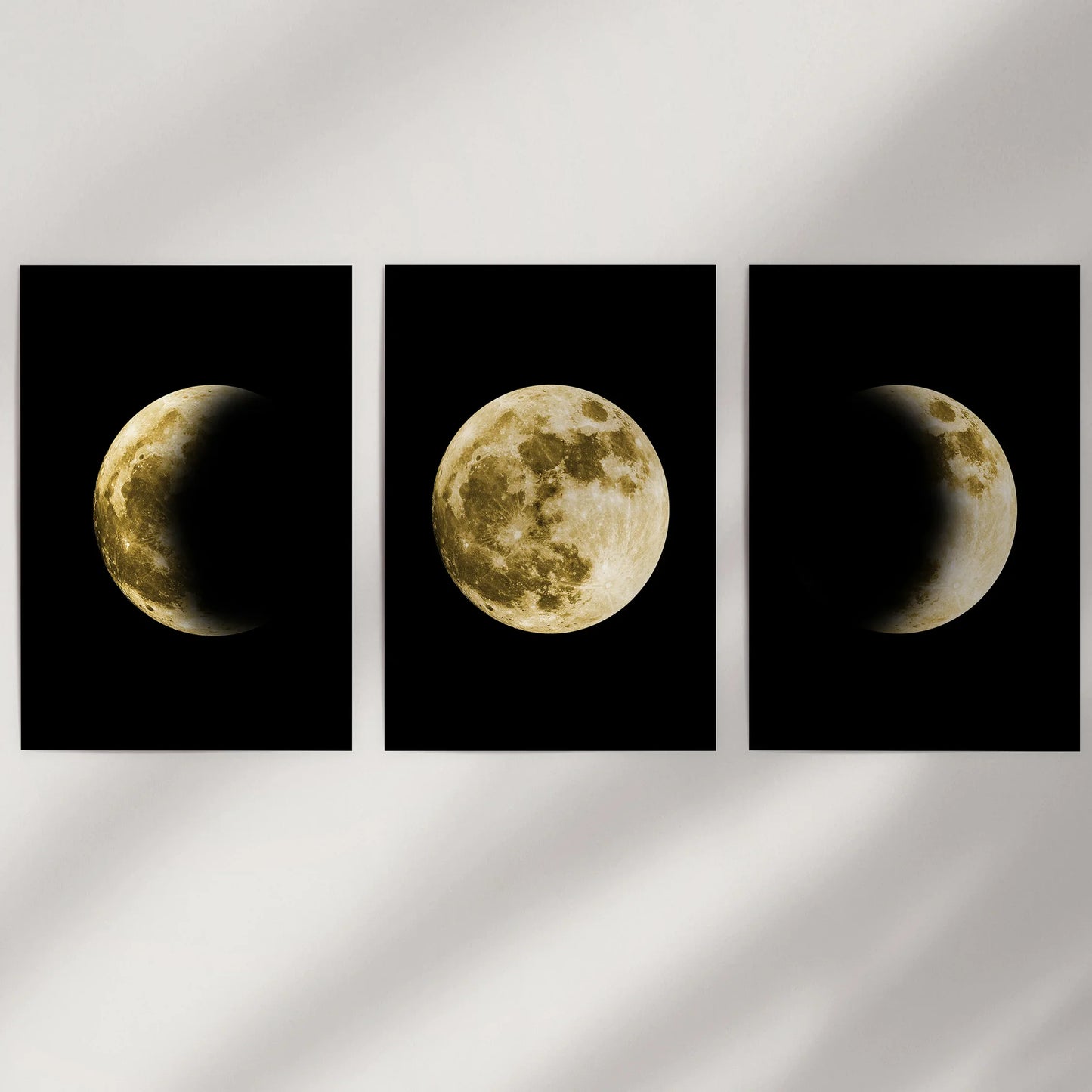 Celestial Moon Wall Art Set – 3 Piece (Gold Full Moon & Phases)