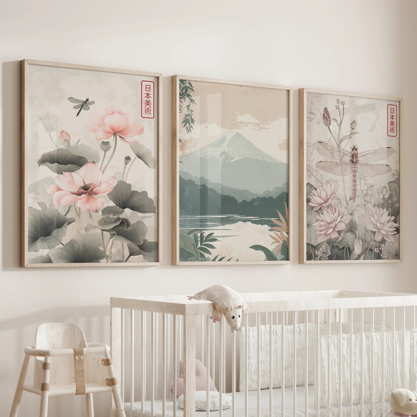 Japandi Style Floral & Mountain – 3 Piece Wall Art Set
