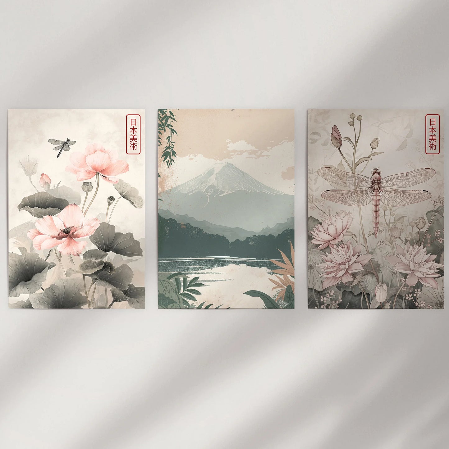Japandi Style Floral & Mountain – 3 Piece Wall Art Set