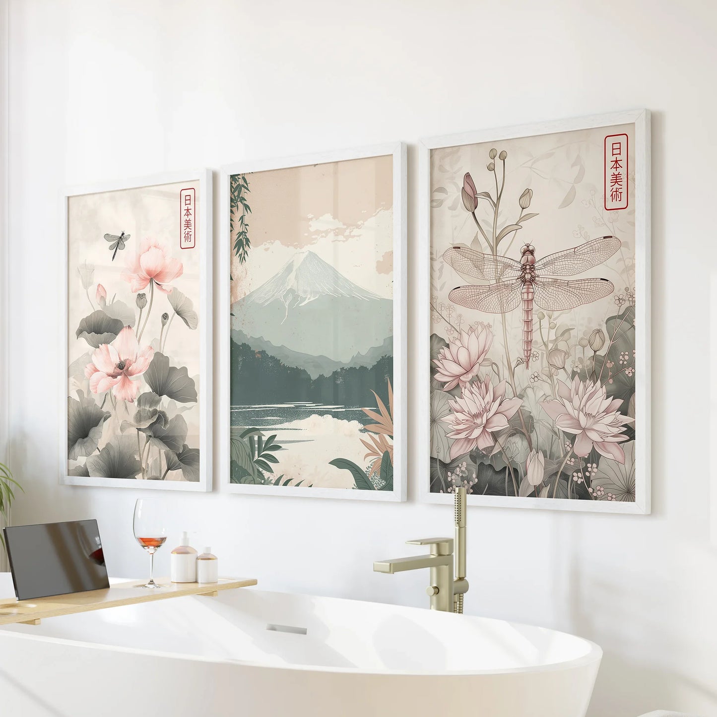 Japandi Style Floral & Mountain – 3 Piece Wall Art Set