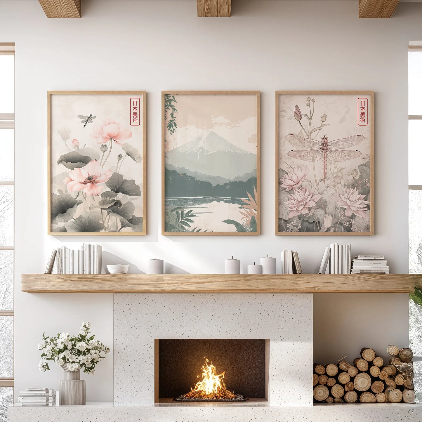 Japandi Style Floral & Mountain – 3 Piece Wall Art Set
