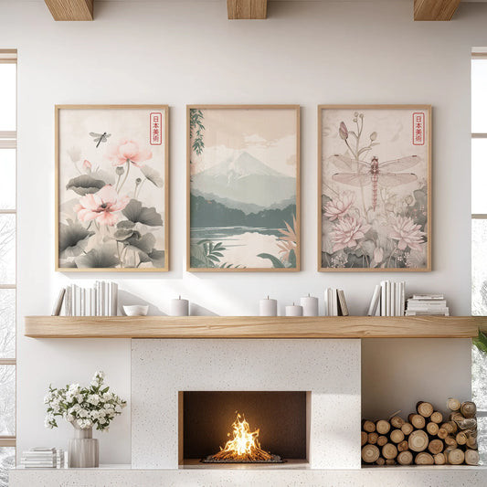 Japandi Style Floral & Mountain – 3 Piece Wall Art Set