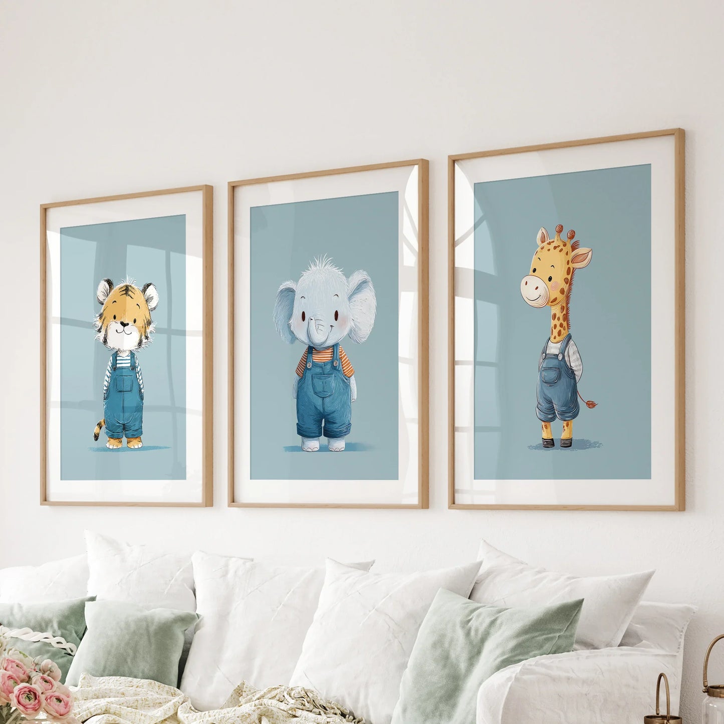 Safari Friends Trio – Blue Baby Animal Nursery Wall Art (Set of 3)