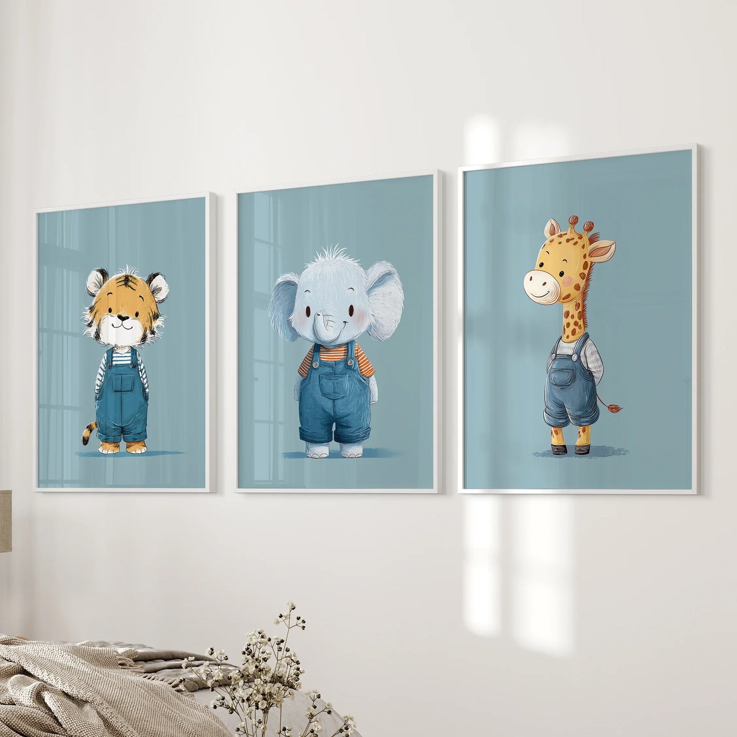 Safari Friends Trio – Blue Baby Animal Nursery Wall Art (Set of 3)