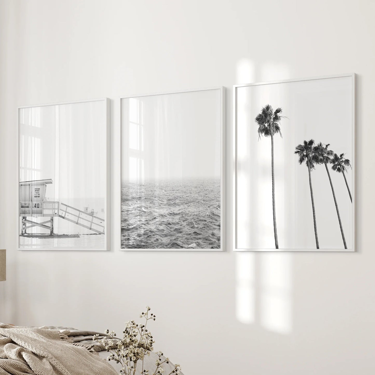 Black White Coastal Wall Art Set: Palms, Ocean, Lifeguard – Minimal Coastal Wall Art