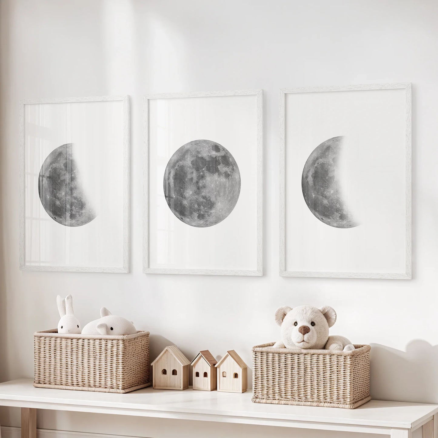 Moon Phases Set of 3 Prints – Black & White Lunar Cycle Wall Art